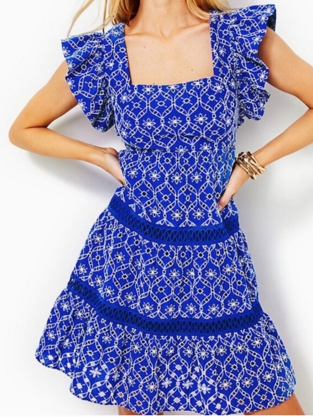 Lilly Pulitzer MORRIE Dress Size 0 resort Grotto Flutter Eyelet tiered peasant